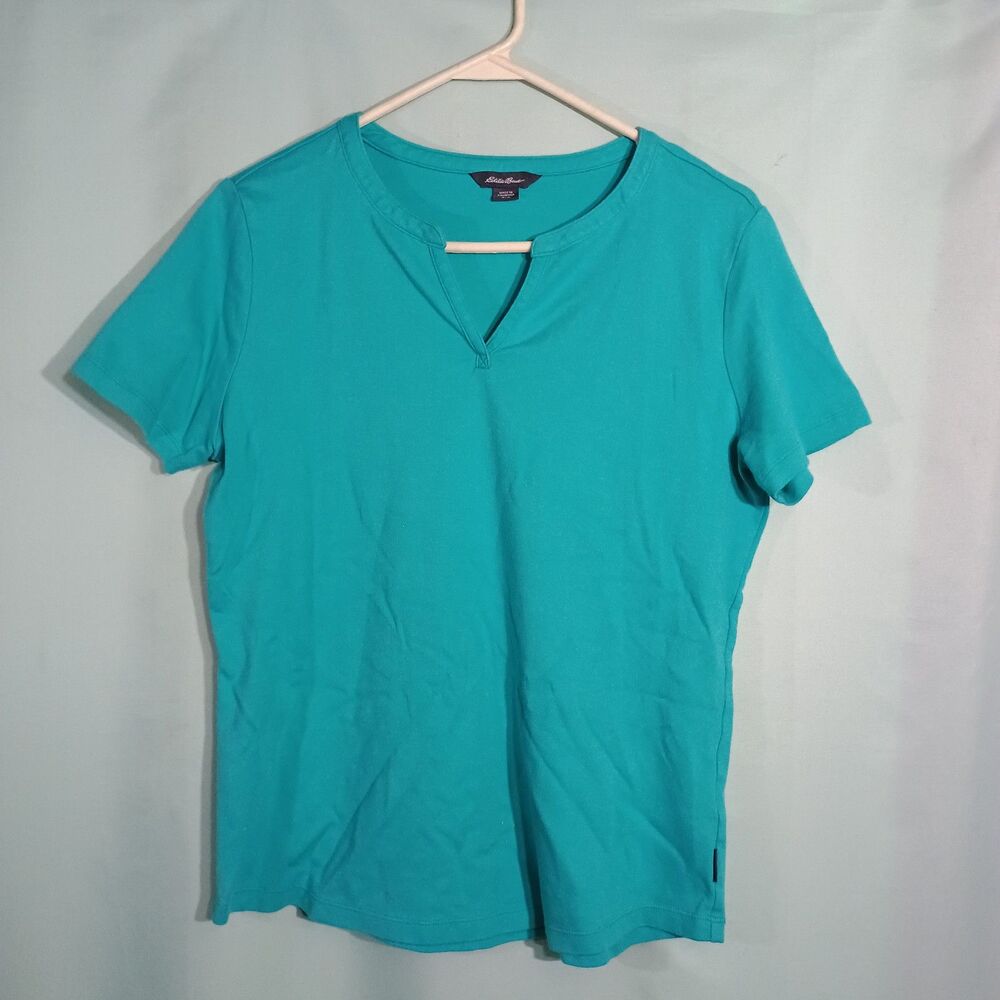 Eddie Bauer Women’s Turquoise Blue Split Neck T-Shirt – Short Sleeve Casual Top